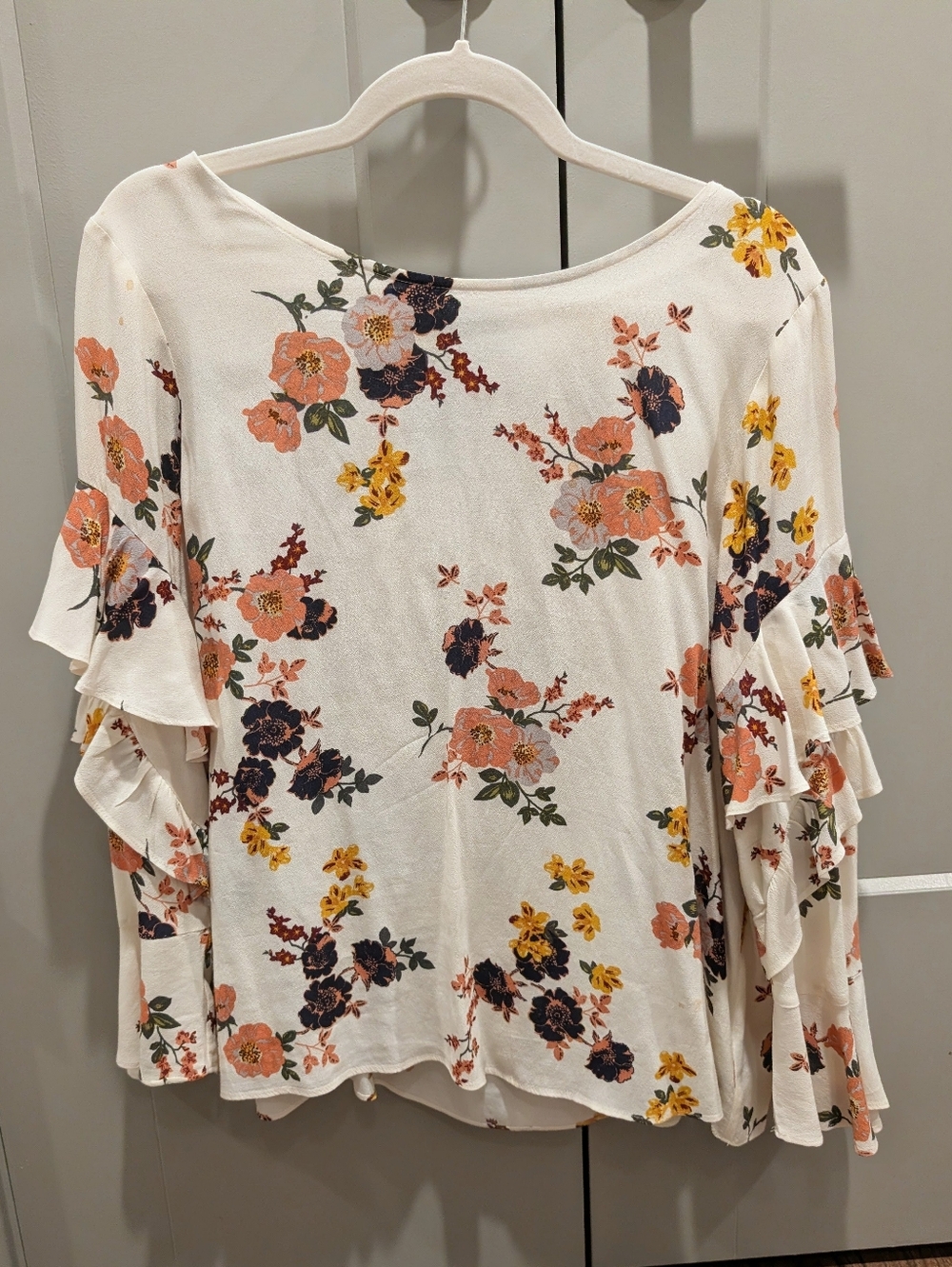 Sanctuary Ivory Floral Ruffle Sleeve Blouse with Coral & Mustard Accents
